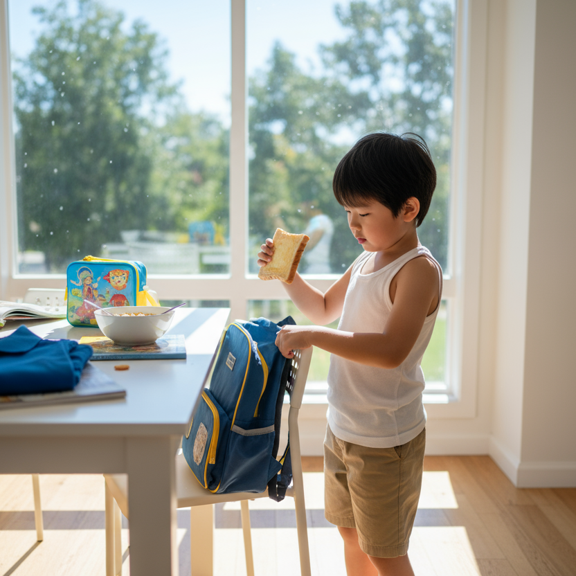 an asian boy wearing the white tank top preparing to go to school