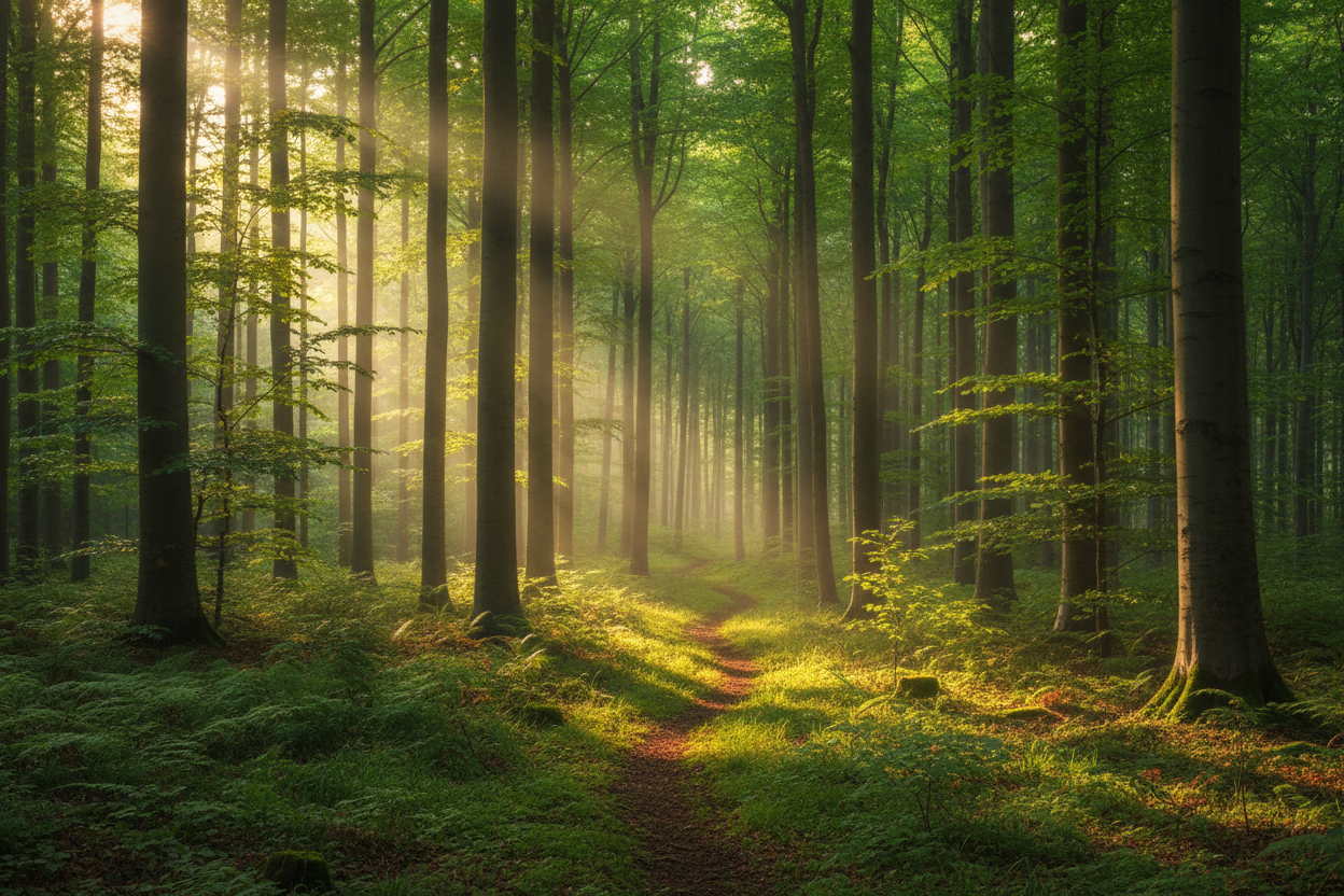 beechwood with sunlight shining through the beechwood forest